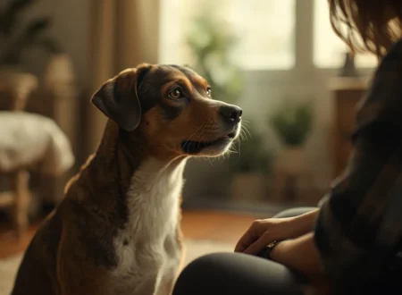 A realistic pet dog happily recognizing a familiar person indoors, showing excited and affectionate body language in a warm home setting.