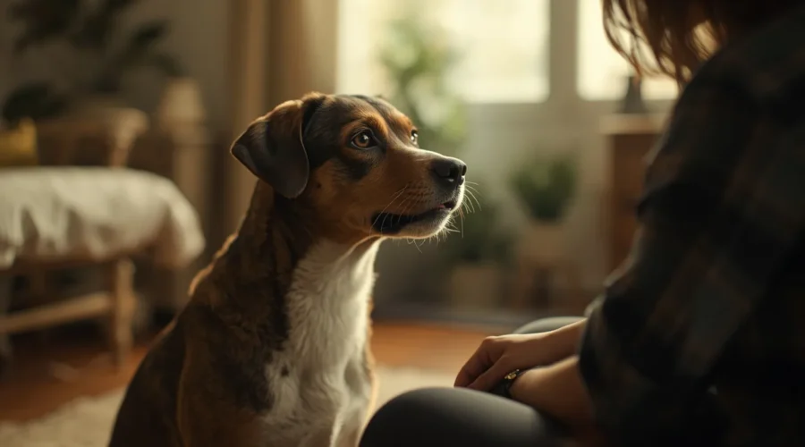 A realistic pet dog happily recognizing a familiar person indoors, showing excited and affectionate body language in a warm home setting.