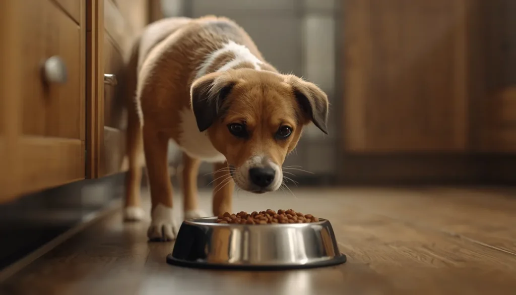 A realistic pet dog curiously sniffing and eating from a pet food bowl indoors, showing interest in cat food in a warm home kitchen setting.