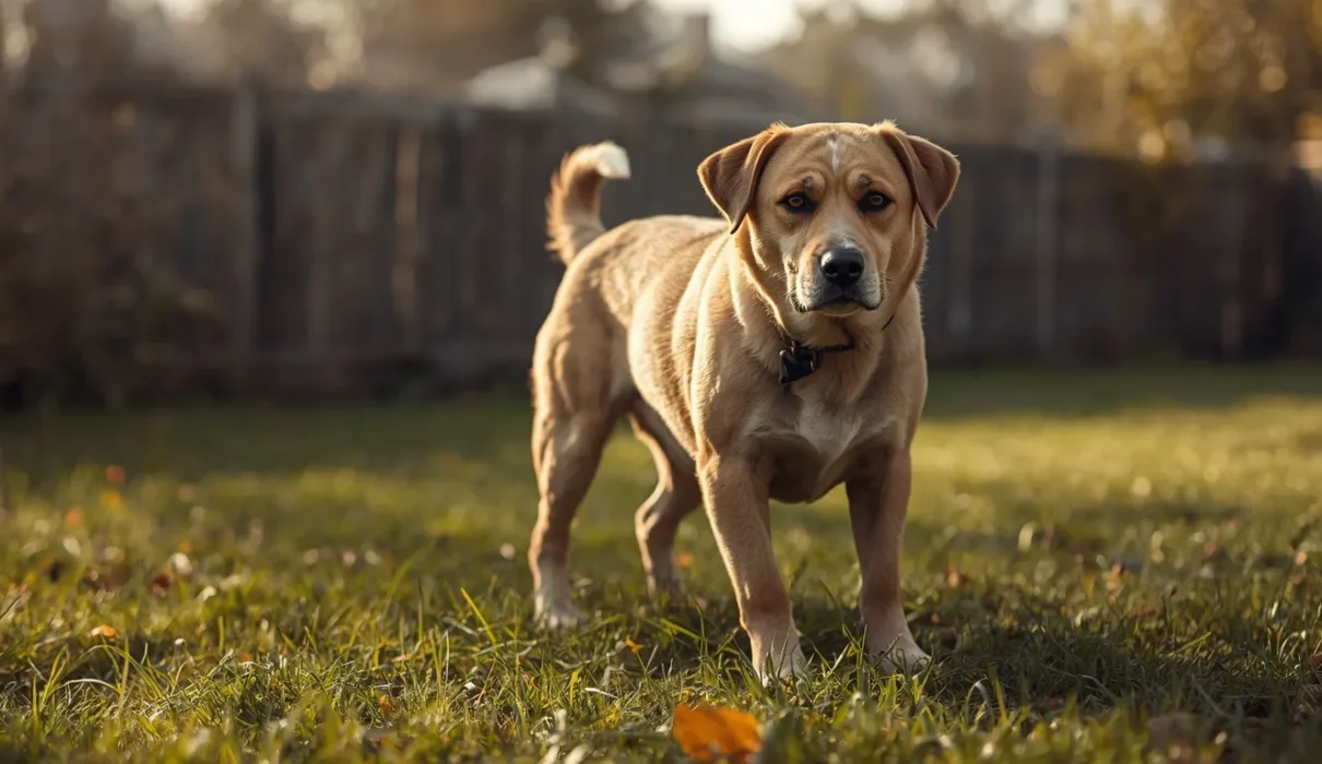 A realistic pet dog standing in a grassy backyard with a focused and slightly uncomfortable expression, illustrating a dog that may be experiencing constipation or difficulty during a bathroom break.
