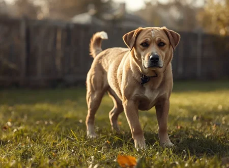A realistic pet dog standing in a grassy backyard with a focused and slightly uncomfortable expression, illustrating a dog that may be experiencing constipation or difficulty during a bathroom break.