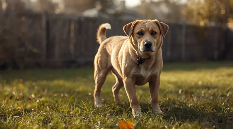 A realistic pet dog standing in a grassy backyard with a focused and slightly uncomfortable expression, illustrating a dog that may be experiencing constipation or difficulty during a bathroom break.