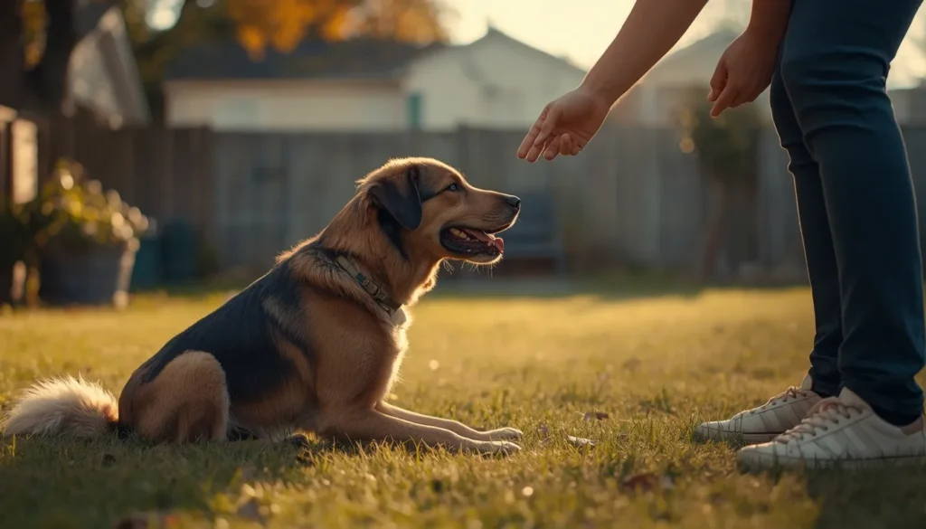 A realistic pet dog sitting calmly outdoors in a grassy backyard while receiving praise from its owner, representing successful potty training and positive reinforcement during house training.