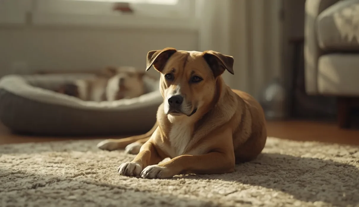 A realistic pet dog resting indoors after circling before lying down, sitting calmly on a cozy carpet near a dog bed in warm natural lighting.