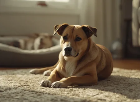 A realistic pet dog resting indoors after circling before lying down, sitting calmly on a cozy carpet near a dog bed in warm natural lighting.