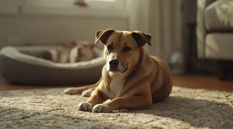 A realistic pet dog resting indoors after circling before lying down, sitting calmly on a cozy carpet near a dog bed in warm natural lighting.