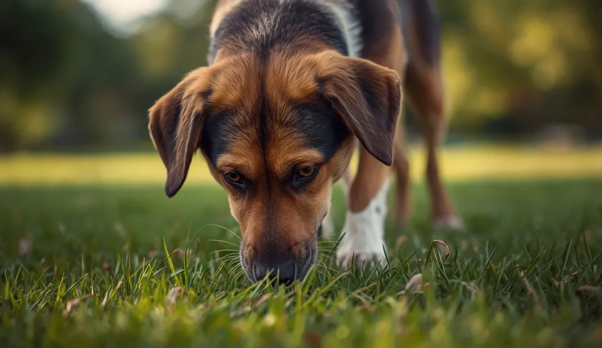 A realistic pet dog naturally sniffing and eating fresh grass outdoors in a park, showing normal dog behavior in soft natural daylight.