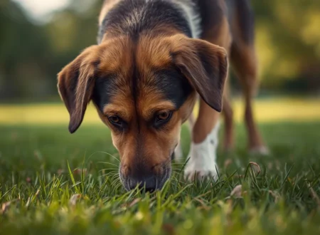 A realistic pet dog naturally sniffing and eating fresh grass outdoors in a park, showing normal dog behavior in soft natural daylight.