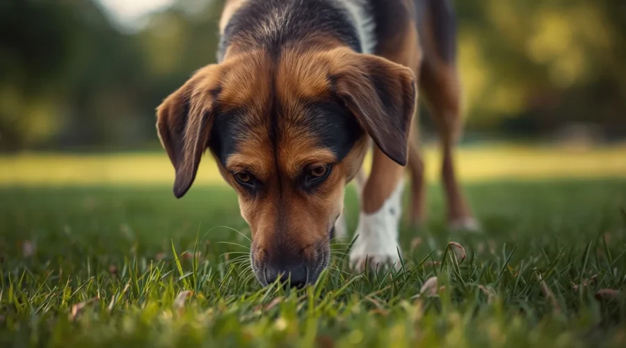 A realistic pet dog naturally sniffing and eating fresh grass outdoors in a park, showing normal dog behavior in soft natural daylight.