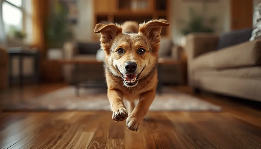 A realistic pet dog excitedly running indoors during zoomies, showing playful energy and happy body language inside a cozy home setting.