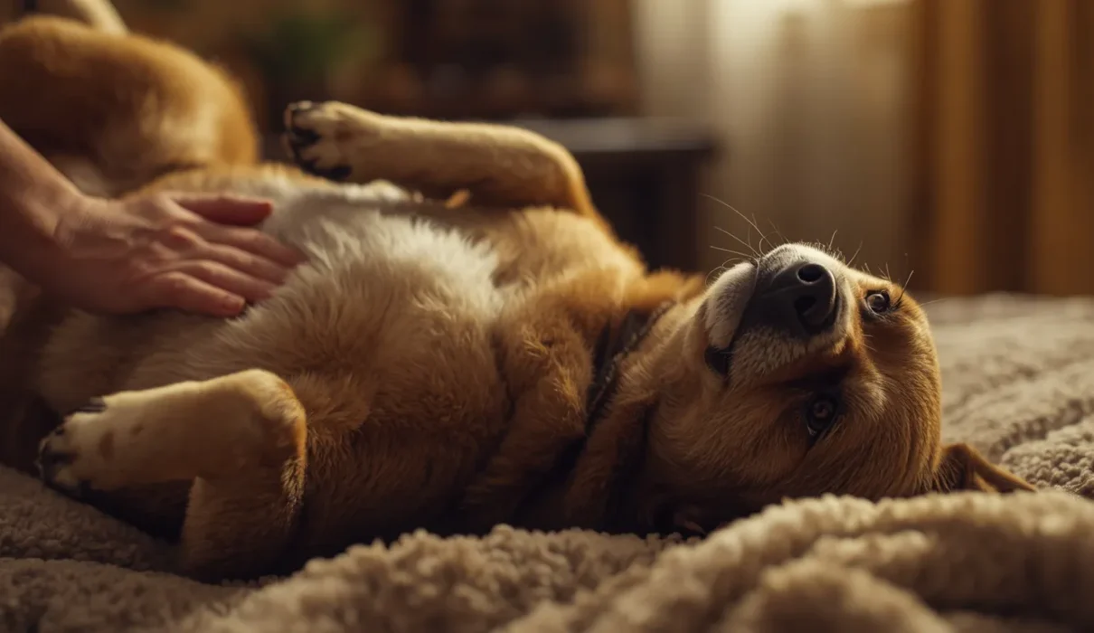 A realistic pet dog lying comfortably on its back indoors while receiving gentle belly rubs, showing a calm and relaxed expression in warm lighting.