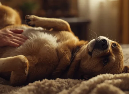 A realistic pet dog lying comfortably on its back indoors while receiving gentle belly rubs, showing a calm and relaxed expression in warm lighting.