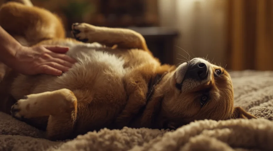 A realistic pet dog lying comfortably on its back indoors while receiving gentle belly rubs, showing a calm and relaxed expression in warm lighting.