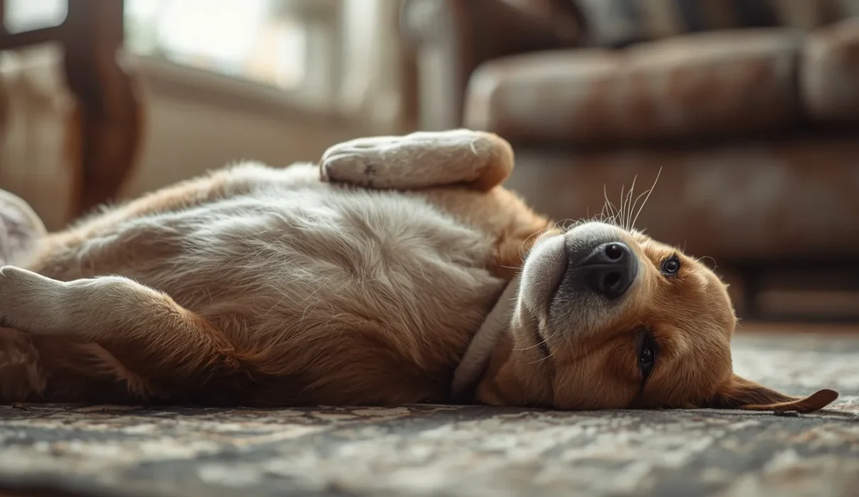 A realistic pet dog lying comfortably on its back indoors with its belly exposed, showing relaxed and calm body language in a cozy home setting.