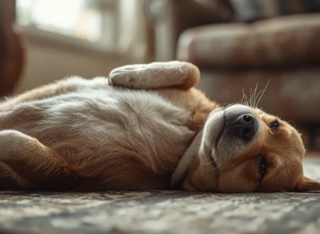 A realistic pet dog lying comfortably on its back indoors with its belly exposed, showing relaxed and calm body language in a cozy home setting.