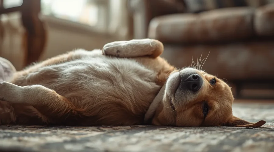 A realistic pet dog lying comfortably on its back indoors with its belly exposed, showing relaxed and calm body language in a cozy home setting.