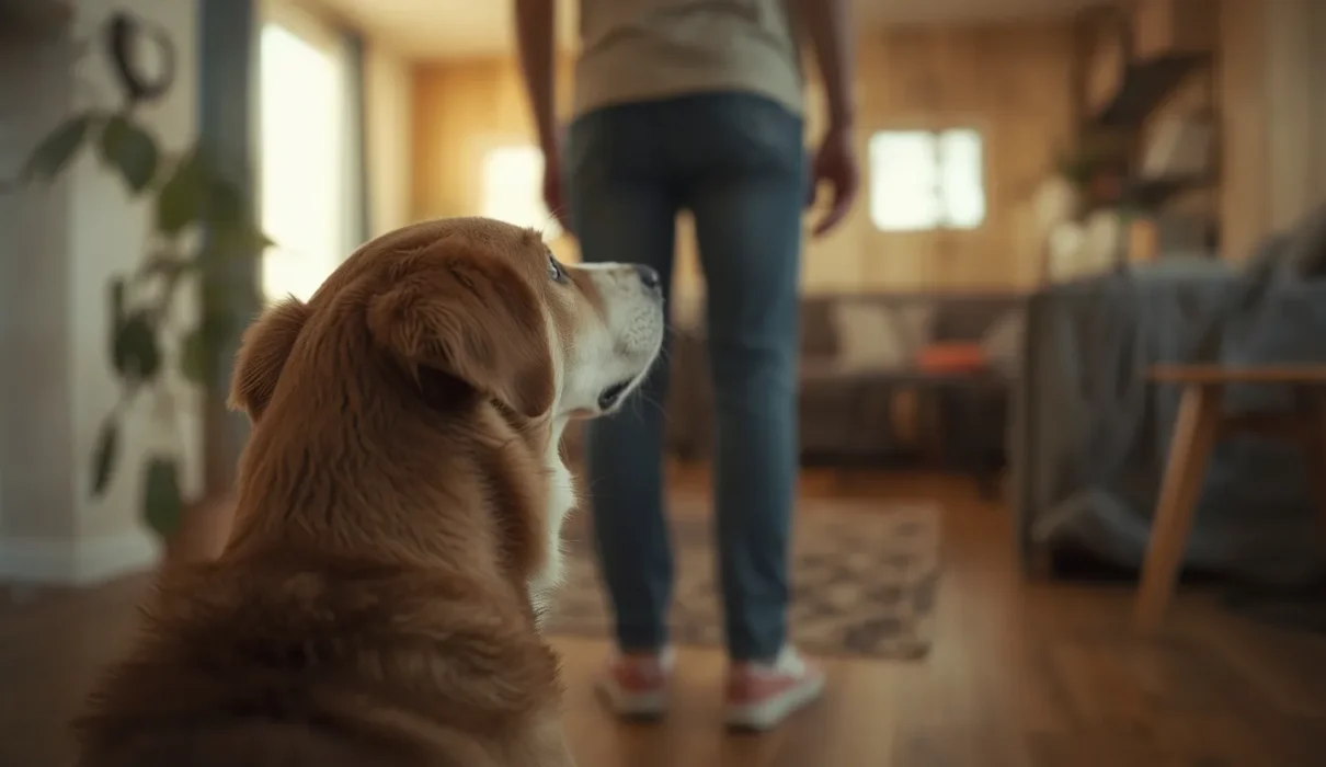 A realistic pet dog curiously sniffing near its owner indoors, showing natural dog curiosity and scent-based behavior in a cozy home setting.