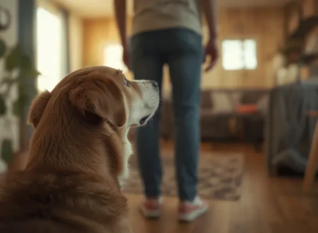 A realistic pet dog curiously sniffing near its owner indoors, showing natural dog curiosity and scent-based behavior in a cozy home setting.