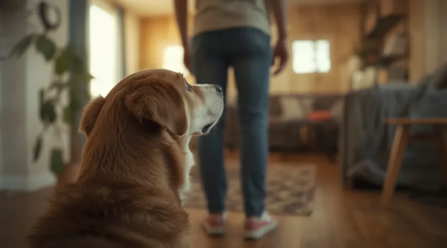 A realistic pet dog curiously sniffing near its owner indoors, showing natural dog curiosity and scent-based behavior in a cozy home setting.