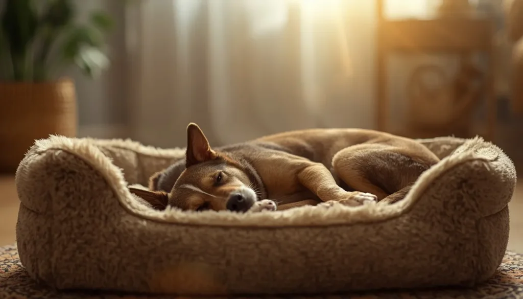 A realistic pet dog resting peacefully in a cozy dog bed indoors after settling down, representing normal bedtime behavior in dogs.