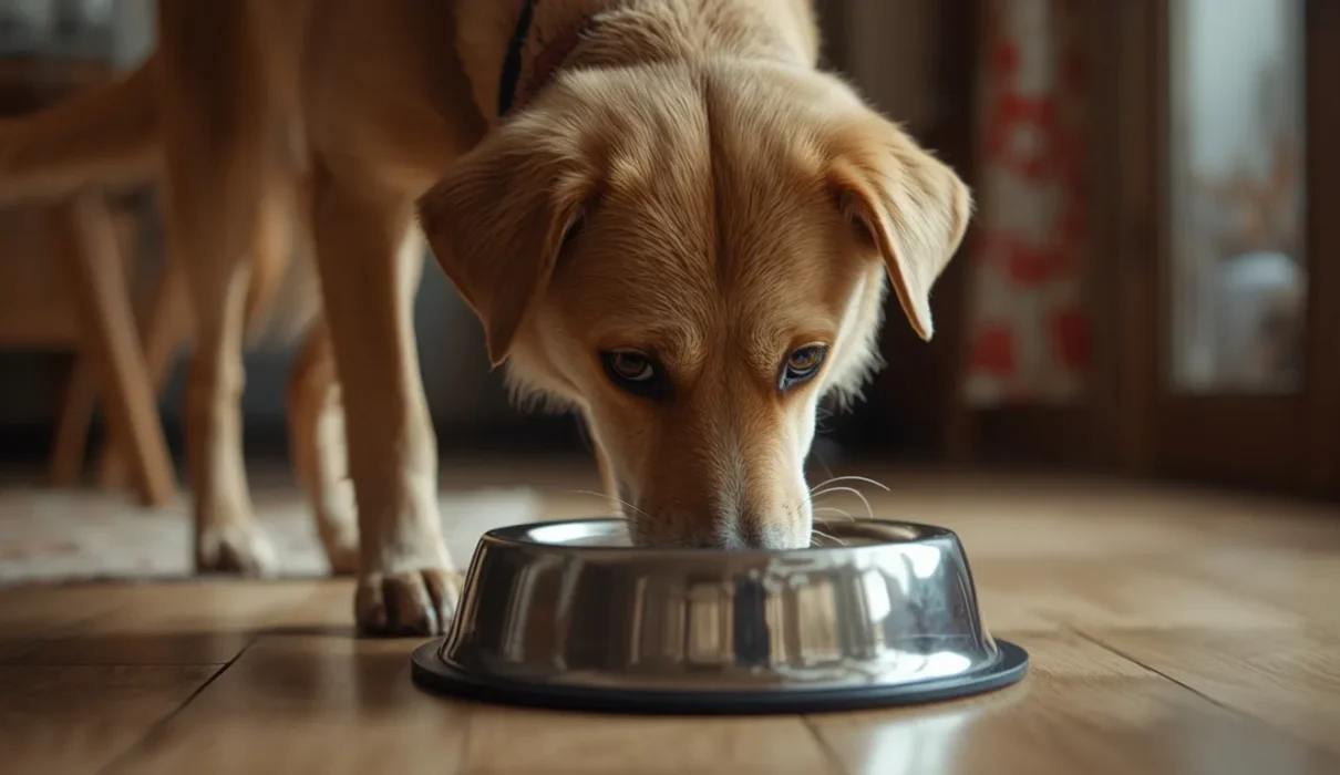 A realistic pet dog drinking water from a metal bowl indoors in a cozy home setting, showing normal dog hydration behavior.