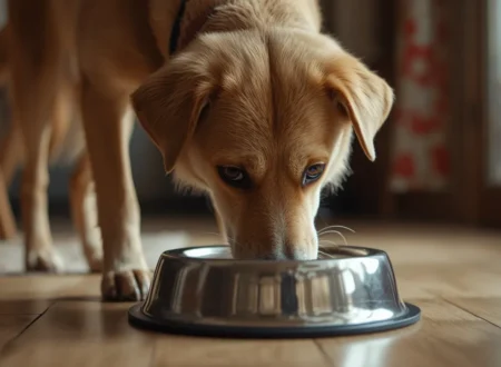 A realistic pet dog drinking water from a metal bowl indoors in a cozy home setting, showing normal dog hydration behavior.