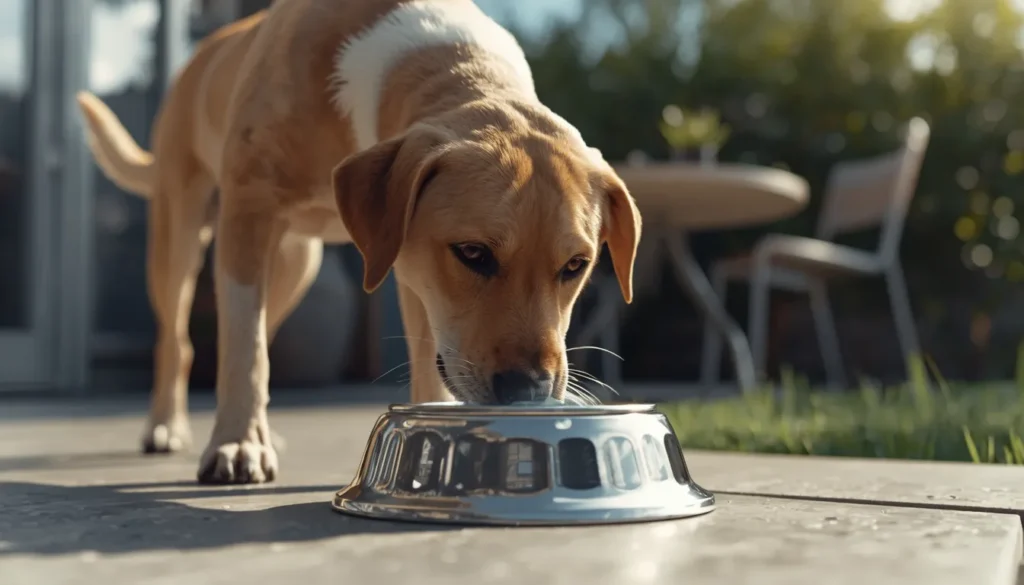 A realistic pet dog drinking fresh water from a clean metal bowl outdoors on a sunny patio, representing hydration and healthy habits that may support normal digestion in dogs.