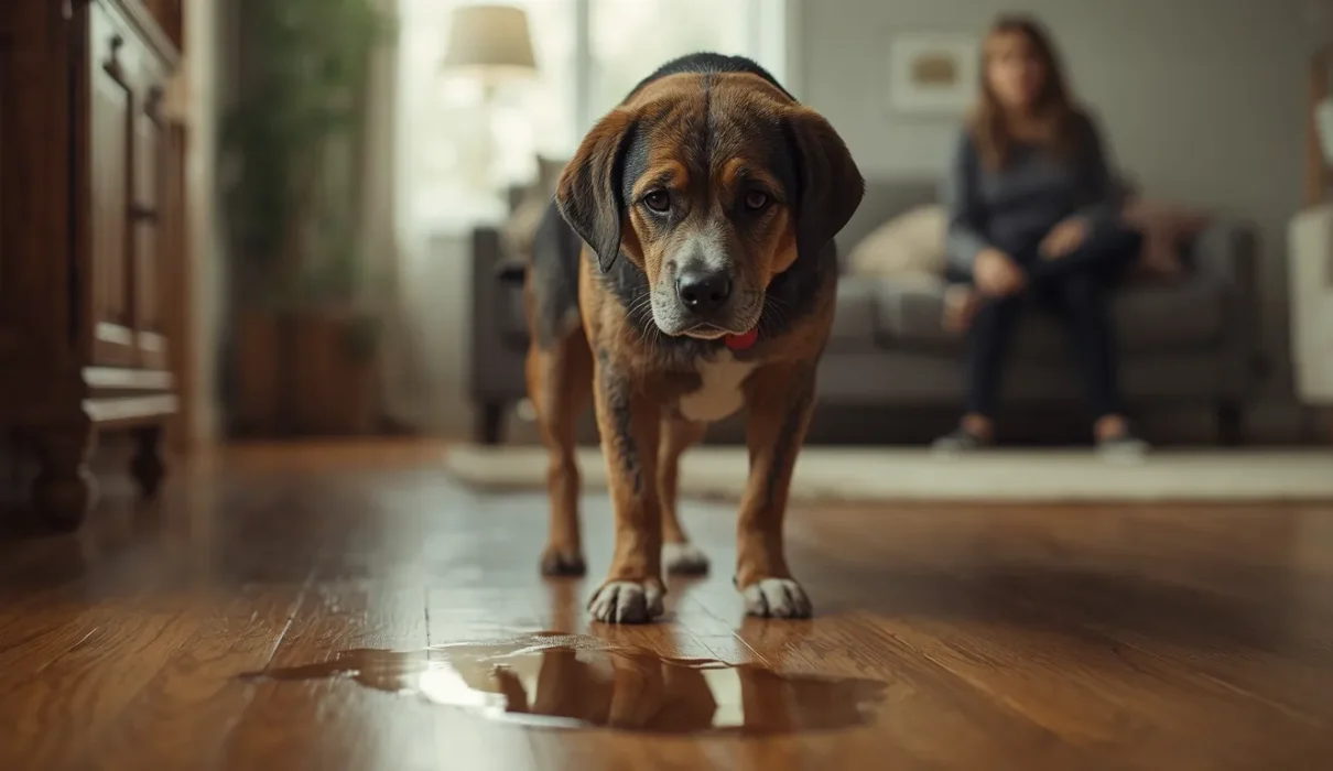 A realistic pet dog standing indoors near a small puddle on a hardwood floor while its owner watches from the background, illustrating a common house-training or indoor urination problem in dogs.
