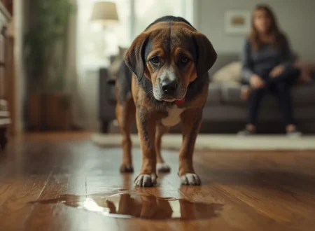A realistic pet dog standing indoors near a small puddle on a hardwood floor while its owner watches from the background, illustrating a common house-training or indoor urination problem in dogs.