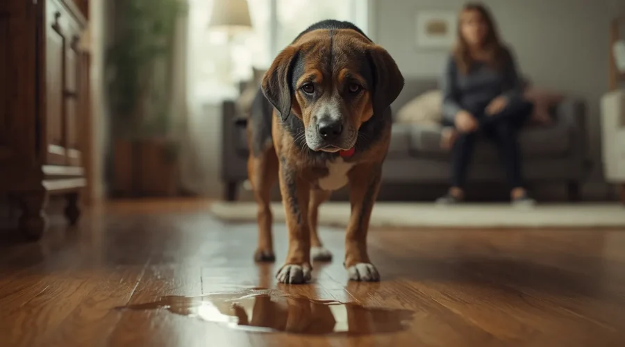 A realistic pet dog standing indoors near a small puddle on a hardwood floor while its owner watches from the background, illustrating a common house-training or indoor urination problem in dogs.