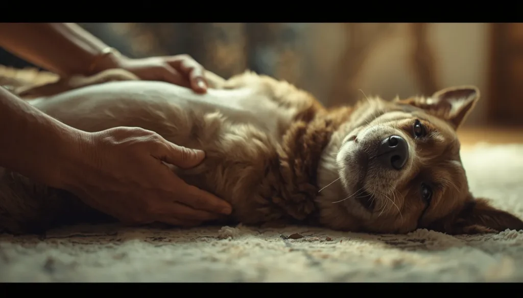 do dogs actually enjoy belly rubs A realistic pet dog relaxing on its back during a belly rub indoors, showing trust, comfort, and emotional bonding with its owner.
