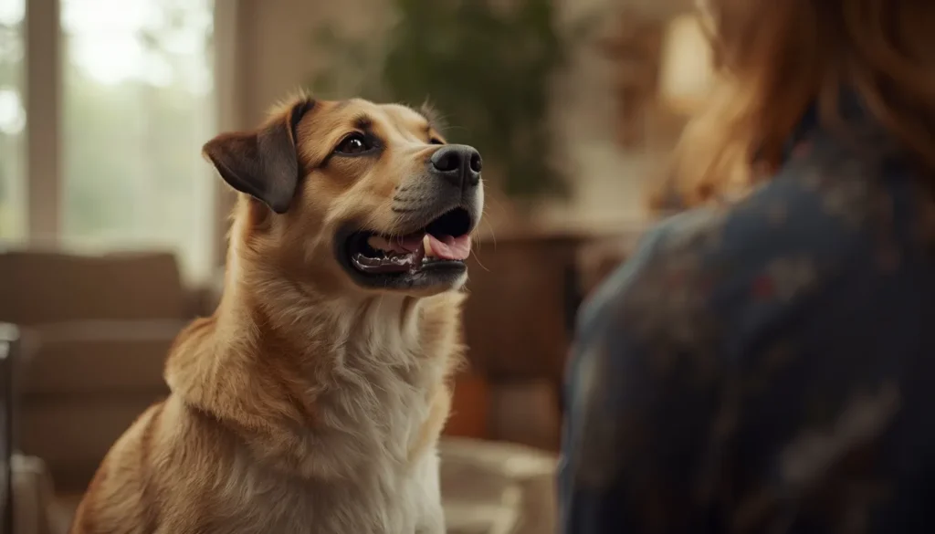 A realistic pet dog sitting calmly indoors and looking attentively toward its owner, representing positive training, communication, and healthy ways to reduce excessive barking in dogs.