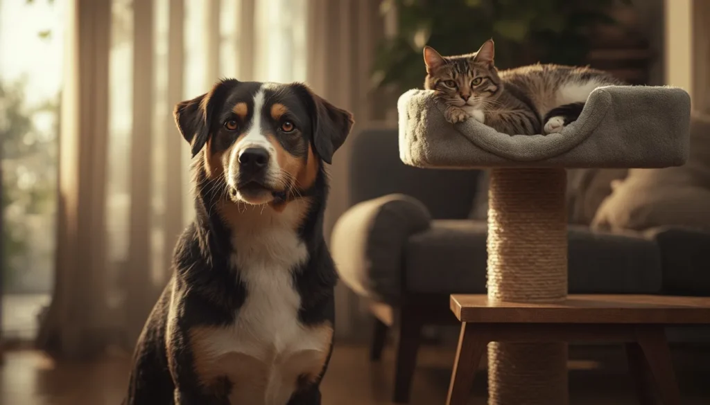 A realistic pet dog sitting calmly beside a cat resting comfortably on a cat tree in a warm home setting, demonstrating safe coexistence and gradual introduction between a cat and dog.