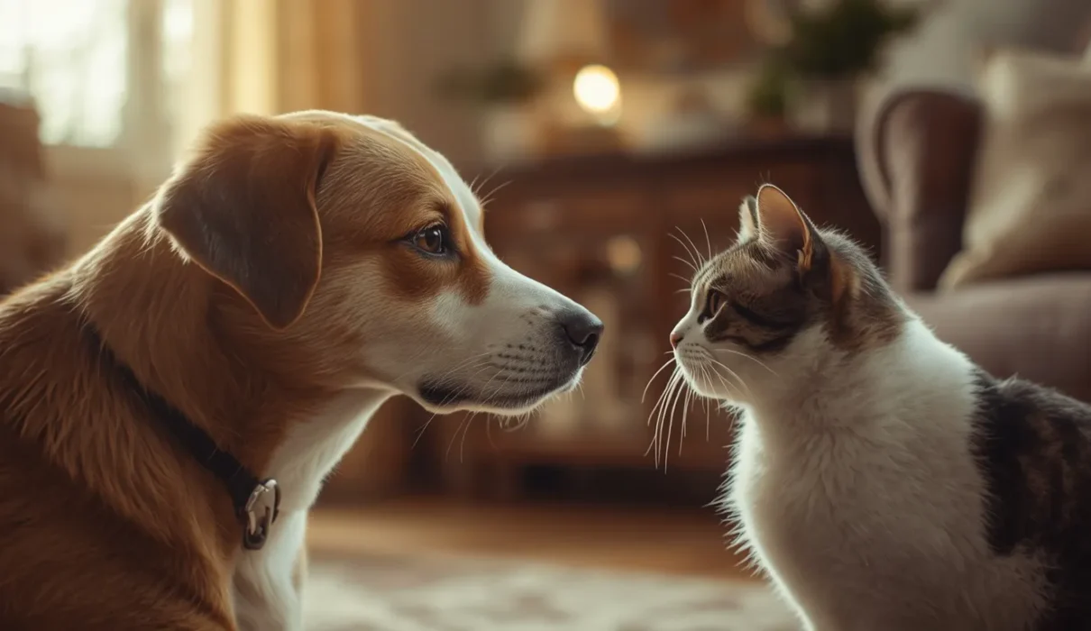 A realistic pet dog and domestic cat calmly facing each other indoors in a cozy living room, showing a controlled first introduction between pets with relaxed body language and a peaceful home environment.