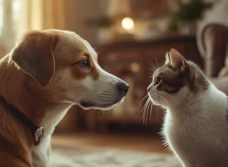 A realistic pet dog and domestic cat calmly facing each other indoors in a cozy living room, showing a controlled first introduction between pets with relaxed body language and a peaceful home environment.