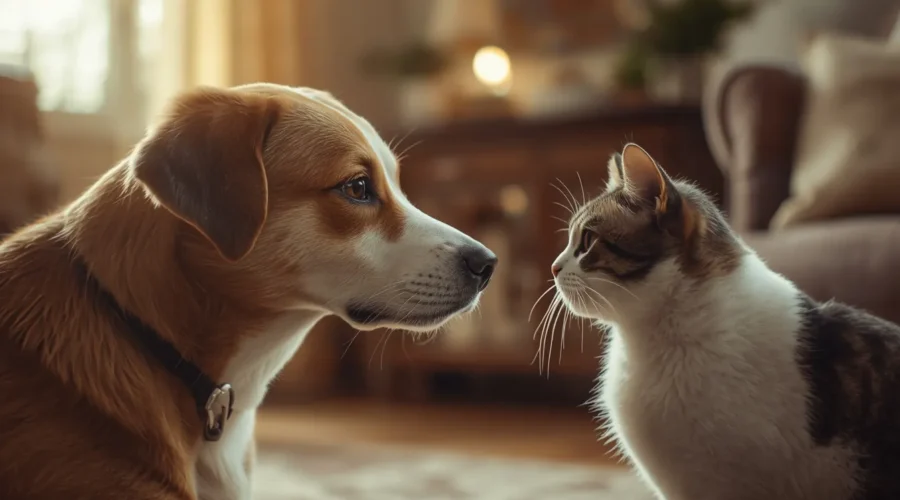 A realistic pet dog and domestic cat calmly facing each other indoors in a cozy living room, showing a controlled first introduction between pets with relaxed body language and a peaceful home environment.