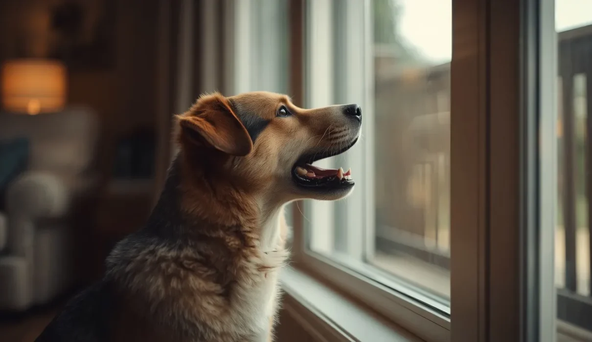 A realistic pet dog sitting near a living room window with its mouth open as if barking while watching something outside, showing a common alert or territorial barking behavior in a cozy home setting.