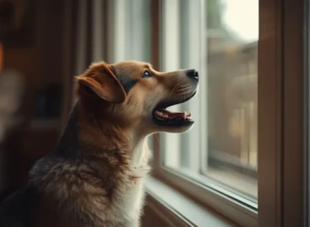 A realistic pet dog sitting near a living room window with its mouth open as if barking while watching something outside, showing a common alert or territorial barking behavior in a cozy home setting.