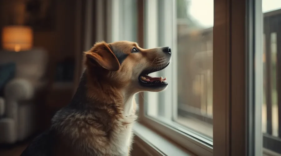 A realistic pet dog sitting near a living room window with its mouth open as if barking while watching something outside, showing a common alert or territorial barking behavior in a cozy home setting.
