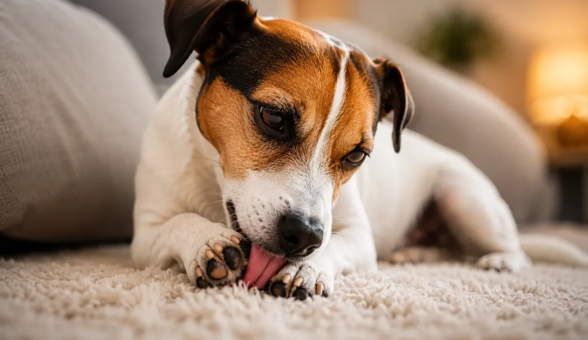 A realistic pet dog lying on a soft indoor carpet while licking and chewing its front paw, showing a common dog behavior associated with irritation, allergies, boredom, or paw discomfort in a cozy home setting.