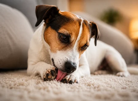 A realistic pet dog lying on a soft indoor carpet while licking and chewing its front paw, showing a common dog behavior associated with irritation, allergies, boredom, or paw discomfort in a cozy home setting.