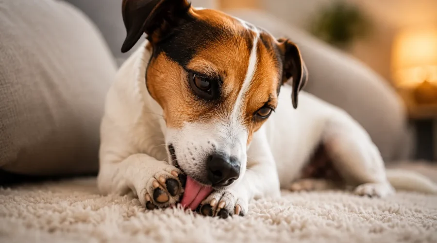 A realistic pet dog lying on a soft indoor carpet while licking and chewing its front paw, showing a common dog behavior associated with irritation, allergies, boredom, or paw discomfort in a cozy home setting.
