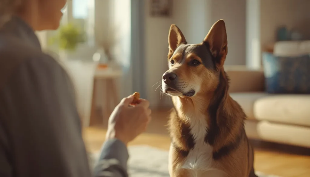 A realistic pet dog sitting attentively indoors while focusing on a training treat held by its owner, illustrating a beginner-friendly dog training session using positive reinforcement to teach the "sit" command.