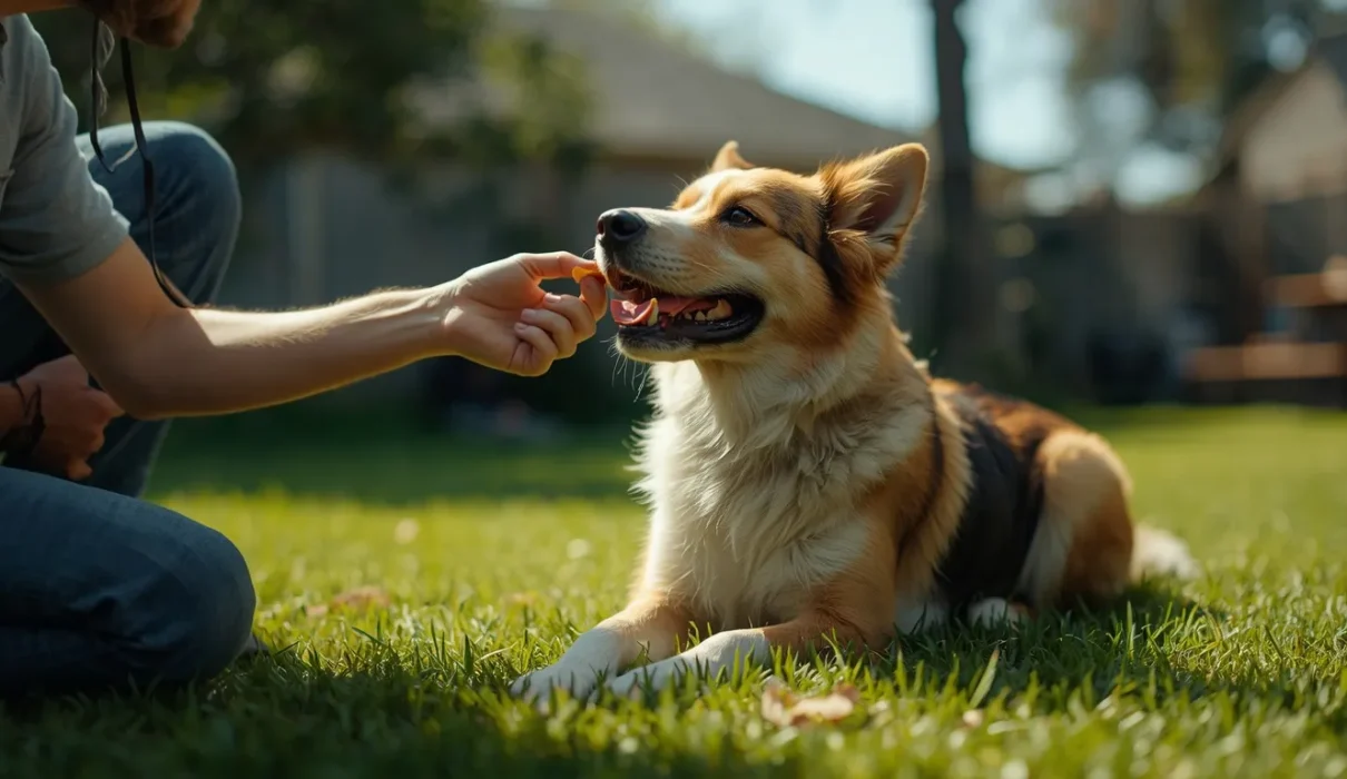 A realistic pet dog sitting calmly on green grass while its owner rewards it with a small training treat during a positive reinforcement session, demonstrating the correct way to teach the "sit" command.