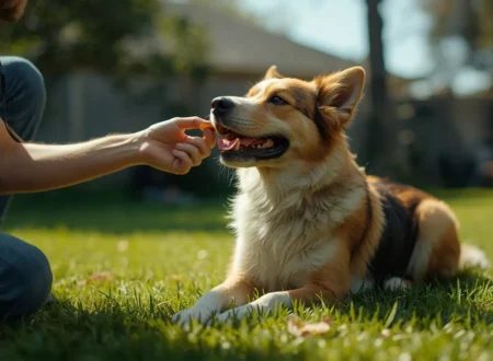 A realistic pet dog sitting calmly on green grass while its owner rewards it with a small training treat during a positive reinforcement session, demonstrating the correct way to teach the "sit" command.